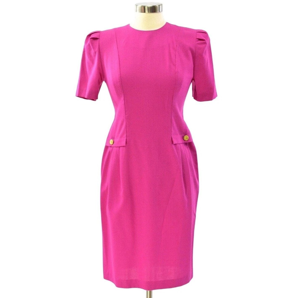 80s Vintage Hot Pink Sheath Dress Puff Sleeves Womens S 4 Knee Length Office